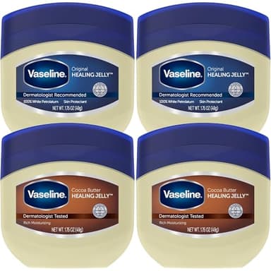 Vaseline Original & Cocoa Butter Healing Jelly Travel-Size Variety 4-Pack – Rich Moisturizing Ointment, Skin Protectant for Soothing Cracked, Dry Skin, 1.75 Oz Ea