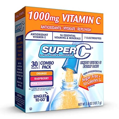 Super C Singles to Go Powder Packets, Water Drink Mix, Variety Pack, Orange, Raspberry & Pink Lemonade, On-The-Go, 30 Count