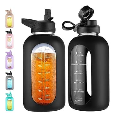 CIVAGO 64 oz Glass Water Bottle Jug with Straw and Handle, Half Gallon Sports Motivational Water Bottle with Time Marker, Wide Mouth Flask Canteen with Silicone Sleeve for Gym, Black