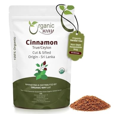 Organic Way Premium True Ceylon Cinnamon Cut & Sifted (Cinnamomum verum) - Adds Flavour | Organic & Kosher Certified | Raw, Non GMO & Gluten Free | USDA Certified | Origin - Sri Lanka (1 LBS / 16OZ)
