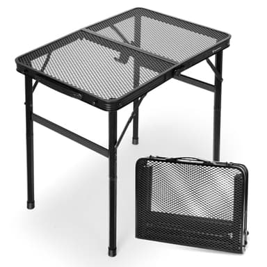 2Ft Small Folding Table with Carry Handle, Camping Table Adjustable Height 10.6–22 in, Black Metal Mesh, Portable & Compact for Outdoor/Indoor,Grill Table, 23.6×15.8 in, 4 lb, 66 lb Capacity