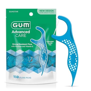 GUM Advanced Care Floss Picks - Dental Flossers for Adults with Vitamin E and Fluoride - Extra Strong Shred-Resistant Dental Floss, Easy Grip Handle, Fresh Mint Flavor, 150 Count