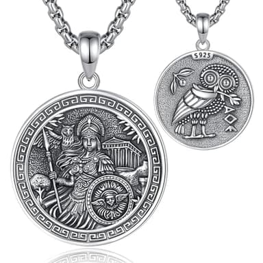 EUDORA Athena Greek Goddess Owl Necklace Sterling Silver S925, Athena Goddess Guardian of Wisdom and Strategy Owl Coin Pendant Vintage Guardians of Women's Power Jewelry Gifts for Women, 20"+2"