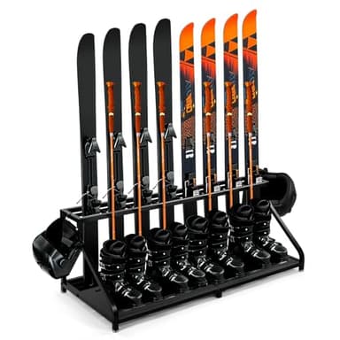 SILKPE Freestanding Ski Storage Rack – Inclined Design, No Tipping Over, for 8 Pairs Ski, 4 Pairs Ski Boots, 2 Helmets, 6 Separate Pole Fixed Buckles, for Garage, Shed, Basement, 240LB.
