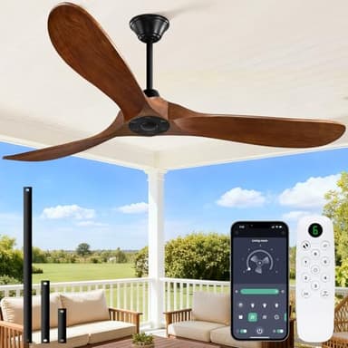 60 inch Outdoor Ceiling Fan No Light for Patios, Ceiling Fans Without Lights with Smart App and Remote Control, Damp Rated 3 Blades Wood Propeller Fan for Exterior Outside Porch, High CFM, Walnut