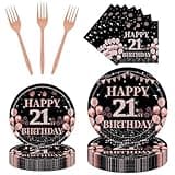 Rakuto 21st Birthday Party Tableware - 96PCS 21st Party Plates Napkins Forks Supplies Rose Gold 21st Birthday Party Supplies Decorations Girls Happy 21st Birthday Party Dinnerware Decor (24 Guests)