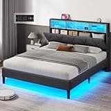 HAUOMS Queen Bed Frame with Storage Headboard and RGB LED Lights, Modern Upholstered Platform Bed Frame Queen Size with Charging Station, Stable Easy Assembly,Dark Gray