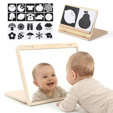 IEATFO Tummy Time Play Set Adjustable Angle, Double-Sided Design, Montessori Tummy Time Toys Large Baby Safe Mirror and Card Display Stand with Black and White High Contrast Baby Cards