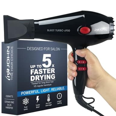 JOHN Super Fast Drying Hair Dryer, Ionic 2200W Professional Salon Blow Dryer, 2 Concentrator Nozzles, Blast Turbo 6900, Black