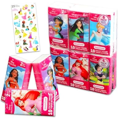 Disney Princess Pocket Size Facial Tissue Set - 12 Packs of 10 Sheets (120 Tissues) & Stickers | Disney Disposal Tissues for Travel, School, Classroom