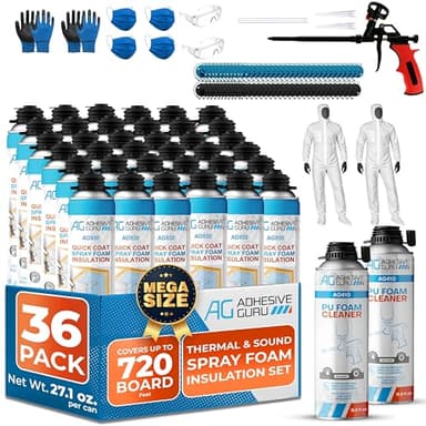 Adhesive Guru Quick Coat Closed Cell Spray Foam Insulation Kit(36x32.8oz-720 Brd Ft)for Wall DIY Expanding Sealant Set, Insulates Heat&Sound, Fills Gaps&Cracks 36xFoam Cans, Cleaner, Gun &Safety Gear
