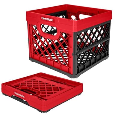 CleverMade Collapsible Milk Crate 25L (6.6 Gal), 50 lb Heavy Duty Folding Crate – Stackable Storage Crates with File Rails, Plastic Collapsible Crates for Storage - Red