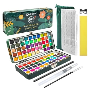 Artecho Watercolor Paint Set 100 Colors with Metallic in Portable Box, Paint Kit with Watercolor Papers and Brushes, Water Color Set for Beginners & Professionals