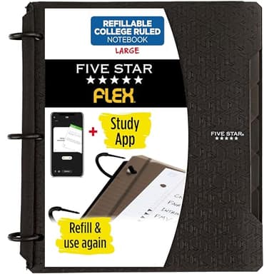Five Star Flex Refillable Notebook + Study App, College Ruled Paper and 1 Inch TechLock Ring Binder with Pockets, Tabs and Dividers, 200 Sheet Capacity, Black (29328AA2)