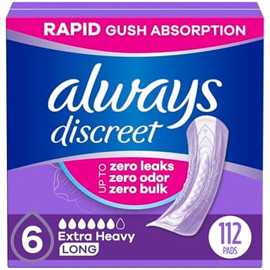 Always Discreet Adult Incontinence Pads for Women, Drier vs Poise, 6 Drop Long Length, Extra Heavy Absorbency, Pads for Bladder Control Management, Bladder Leaks, & Postpartum Pads, 112ct