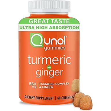 Qunol Turmeric and Ginger Gummies, Turmeric Curcumin Supplement + Ginger, Joint Support Gummy, Ultra High Absorption, Vegan, Gluten Free, 1 Month Supply, 60ct Gummies