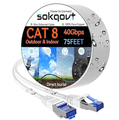 Sokqovt Cat 8 Ethernet Cable Slim 75ft Outdoor&Indoor, Pure Copper Cat8 Internet Cable for Waterproof & Direct Burial, Flexible Cat8 Ethernet Cable 40G 2000MHZ, Cat 8 Network Cable for Indoor White
