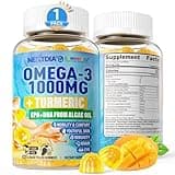 Vegan Omega-3 Gummies 1000mg + Turmeric - Omega 3 Fish Oil Alternative for Adults - Algae Omega DHA 600mg & EPA 300mg, Vitamins A, C, E, Zinc & MSM, Sugar Free, 60 Cts