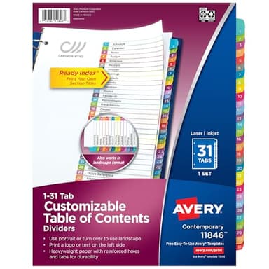 Avery 1-31 Dividers for 3 Ring Binders, 31 Tabs per Set, Customizable Table of Contents, Multicolor Arched Tabs, Great for Organizing Reports, Projects, and More (11846)