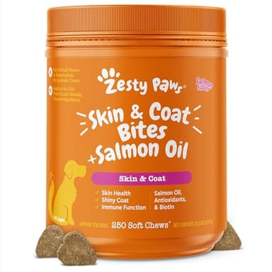 Zesty Paws Salmon Oil for Dogs Skin and Coat, Omega 3 Fish Oil Chews, Dog Allergy Relief Chews, Itch Relief Supplement, 250 Count, Salmon Flavor