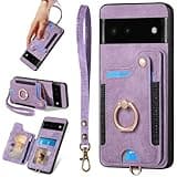 JanCalm for Google Pixel 6 Case Card Holder Wallet, Ring Stand, RFID Blocking, Wrist Strap, Camera Protector, Leather Magnetic Clasp Protective Cover for Google Pixel 6 (Purple)