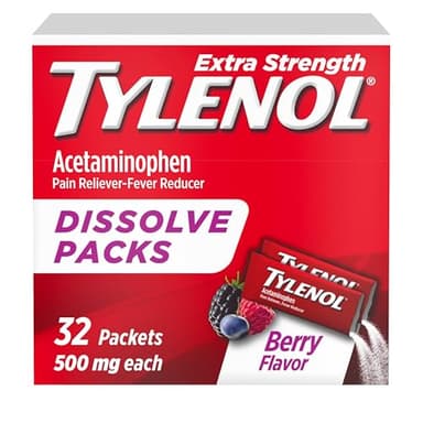 Tylenol Extra Strength Dissolve Powder Packs, 500 mg Acetaminophen Pain Reliever & Fever Reducer Medicine, Fast Relief for Minor Aches & Pains, Ibuprofen- & Aspirin-Free, On-the-Go Berry Flavor, 32 Ct