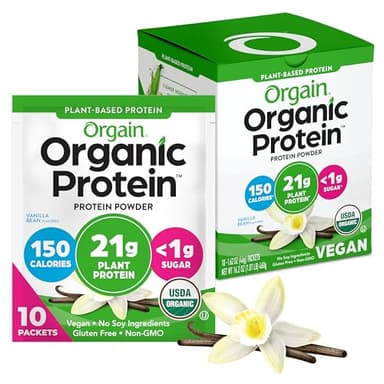 Orgain Organic Vegan Protein Powder, Vanilla Bean - 21g Plant Protein, 5g Prebiotic Fiber, Low Carb, No Lactose Ingredients, No Added Sugar, Non-GMO, 10 Single Serve Individual Packets