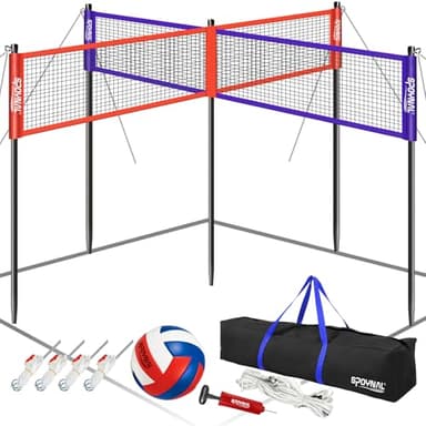 SPOYNAL 14FT 4 Way Volleyball Net Set, 4 Square Volleyball Game Set with Adjustable Height 7/5.3/3.5 FT, Outdoor Games for Backyard, Beach, Park with Volleyball & Carry Bag
