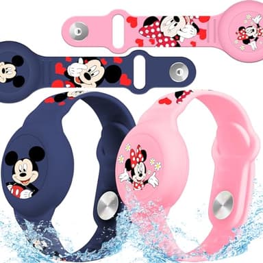 Waterproof Airtag Bracelet for Kids [2 Pack], Cute Cartoon Air Tag Holder for Kids with Full Coverage Hidden Design, Silicone Airtag Wristband for Child, Healthy Material Blue + Pink