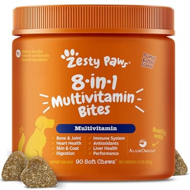 Zesty Paws Multivitamin Treats for Dogs, Glucosamine Chondroitin Joint Support + Digestive Enzymes & Probiotics, Grain Free Dog Vitamins and Supplements for Skin & Coat, Peanut Butter - 90ct
