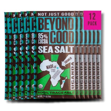 Beyond Good 85% Cocoa Dark Chocolate Bars with Sea Salt | 12 Pack - Chocolate Bars | Organic, Direct Trade, Vegan, Kosher, Non-GMO | Single Origin Uganda Chocolate