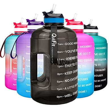 QuiFit Motivational Gallon Water Bottle - with Straw & Time Marker BPA Free Large Reusable Sport Water Jug with Handle for Fitness Outdoor Enthusiasts Leak-Proof(Black,1 gallon)