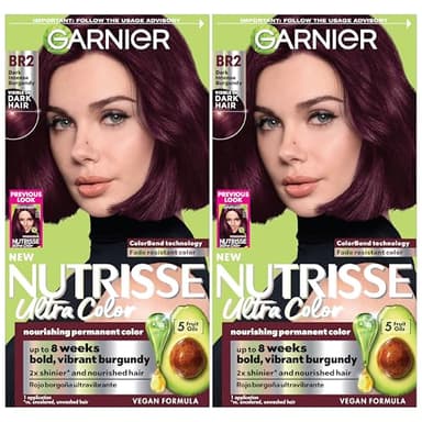 Garnier Hair Color Nutrisse Ultra Color Nourishing Creme, BR2 Dark Intense Burgundy (Passion Fruit) Red Permanent Hair Dye, 2 Count (Packaging May Vary)