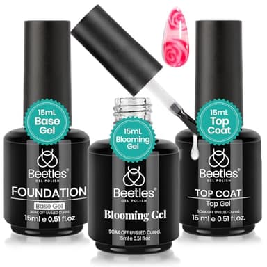 Beetles Blooming Gel & Top Base Coat Set, 3PCS 15ML Shine Finish Long Lasting No Wipe Top Coat Gel Nail Polish Base Spreading Marble Effect Soak Off UV LED Nail Art Summer Nail Gifts for Women