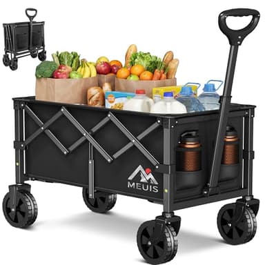 MEUIS Collapsible Wagon Cart with Wheels - 250LBS Heavy Duty Folding Wagon for Groceries Shopping Outdoor Apartment Portable Foldable Utility Grocery Trolley, Black, L