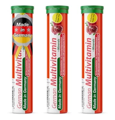 T&D German Multivitamin + Mineralien Drink Effervescent Tablets 60 Servings Pomegranate Flavour – 10 Vitamins + 2 Minerals – Made in Germany
