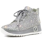 FINDVELL Women's Fashion Glitter Sneakers Platform Wedge Shoes Sparkly Rhinestone High Top Sneakers Trendy Sequin Shoes Wedding Bride Dress Size 10 Silver