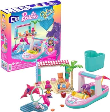 MEGA Barbie Color Reveal Dolphin Exploration Toy Building Set with 10+ Surprises, 2 Micro-Dolls and 2 Dolphins, Toy Gift Set for Girls and Boys, Ages 5 and up