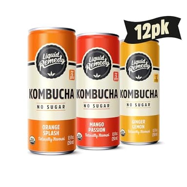 Liquid Remedy Kombucha Sugar Free Organic Drink, Low Calorie, Probiotic Like Tea for Gut Health - Tropical Trio Variety Pack - 8.5 Fl Oz Can, 12-Pack