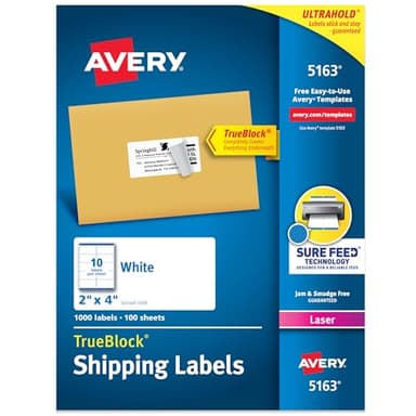 Avery Printable Shipping Labels with Sure Feed, 2" x 4" Customizable Stickers, White, 1,000 Blank Mailing Labels, Great for Mailing, Shipping, and More (5163)