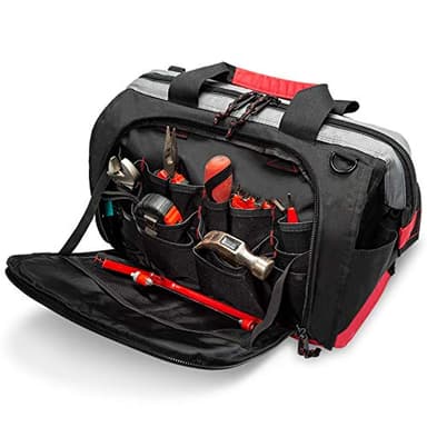 Pnochoo Tool Bag, Waterproof Tool Bags for Men or Women, 16-inch Wide Mouth Tool Bag Organizer with 25 Pockets for Tool Storage Bag, with Adjustable Shoulder Strap (Black/Red)