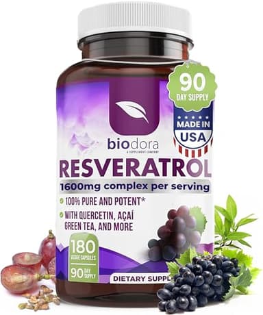 Resveratrol 1600mg - 180 Capsules | Trans-Resveratrol Antioxidant Supplement with Natural Green Tea, Grape Seed Polyphenols & Quercetin, Supports Digestive, Heart Health, Immune System, Brain Function