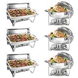 IMACONE Chafing Dish Buffet Set 6 Packs, 5QT Round& 8QT Rectangle Stainless Steel Chafer for Catering, Chafers and Buffet Warmer Sets w/Food & Water Pan, Lid, Fuel Holder for Event Party Holiday