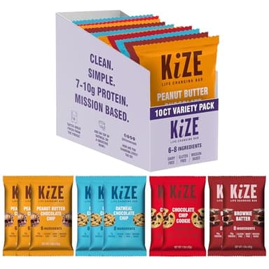 KiZE Energy Bars - Best Sellers Variety Pack - Gluten Free, Dairy Free Options, Non-GMO, and High Protein Meal Replacement Energy Bars, Clean and Simple Food Ingredients - 7-10g High Protein Snacks, (10 Count)