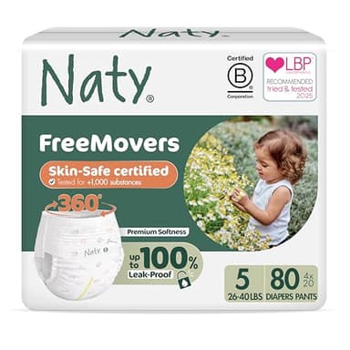 Naty FreeMovers Pull Up Training Pants for Sensitive Skin | Hypoallergenic Potty Training Underwear | Absorbent & Leak-Proof for Toddler | Soft, Unscented| Size 5, 3T–4T (26–40 lbs), 80 Count