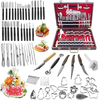 Krbnk 80-Piece Stainless Steel Fruit Carving Tools Set - Professional Watermelon Carving Knife Kit with Ergonomic Handles & Portable Wood Box, Durable Fruit Cutting Tools for Culinary Arts, Sculpting