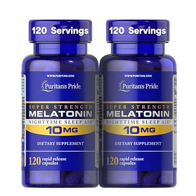 Puritan's Pride Premium Super Strength Melatonin 10mg Sleep Aid, Dietary Supplement for Sound, Restful, & Longer Sleep Support, 4 Month Supply, 120 Rapid Release Capsules, 2 Pack (Packaging May Vary)