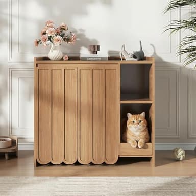 Large Litter Box Enclosure with Litter Collector, Hidden Litter Box Furniture for Automatic Litter Box, Cat Robot 3/4, Dog Proof Litter Box Cabinet, Side Table, Natural