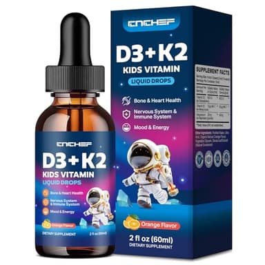 CNCHEF Vitamin D3 K2 Drops for Kids - Liquid Supplement with Magnesium for Calcium Absorption, Joint Health, Teeth & Heart - Non-GMO, Vegan, Orange, 2 Fl Oz - Kids Ages 4+