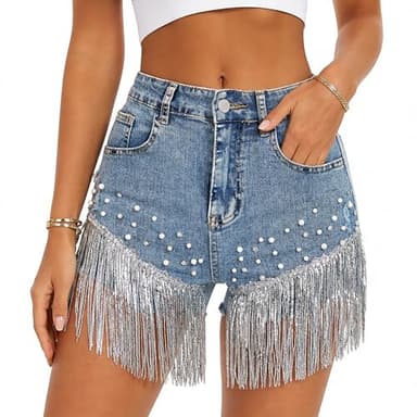 Lunaaevi Womens Denim Shorts Fringe Rhinestone Pearl Beaded Stretchy Comfort Summer Jean Shorts Fashion Blue M